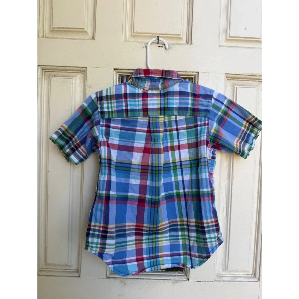 Ralph Lauren Boys Short Sleeve Plaid Button Down Shirt Blue Red Madras Size 3T